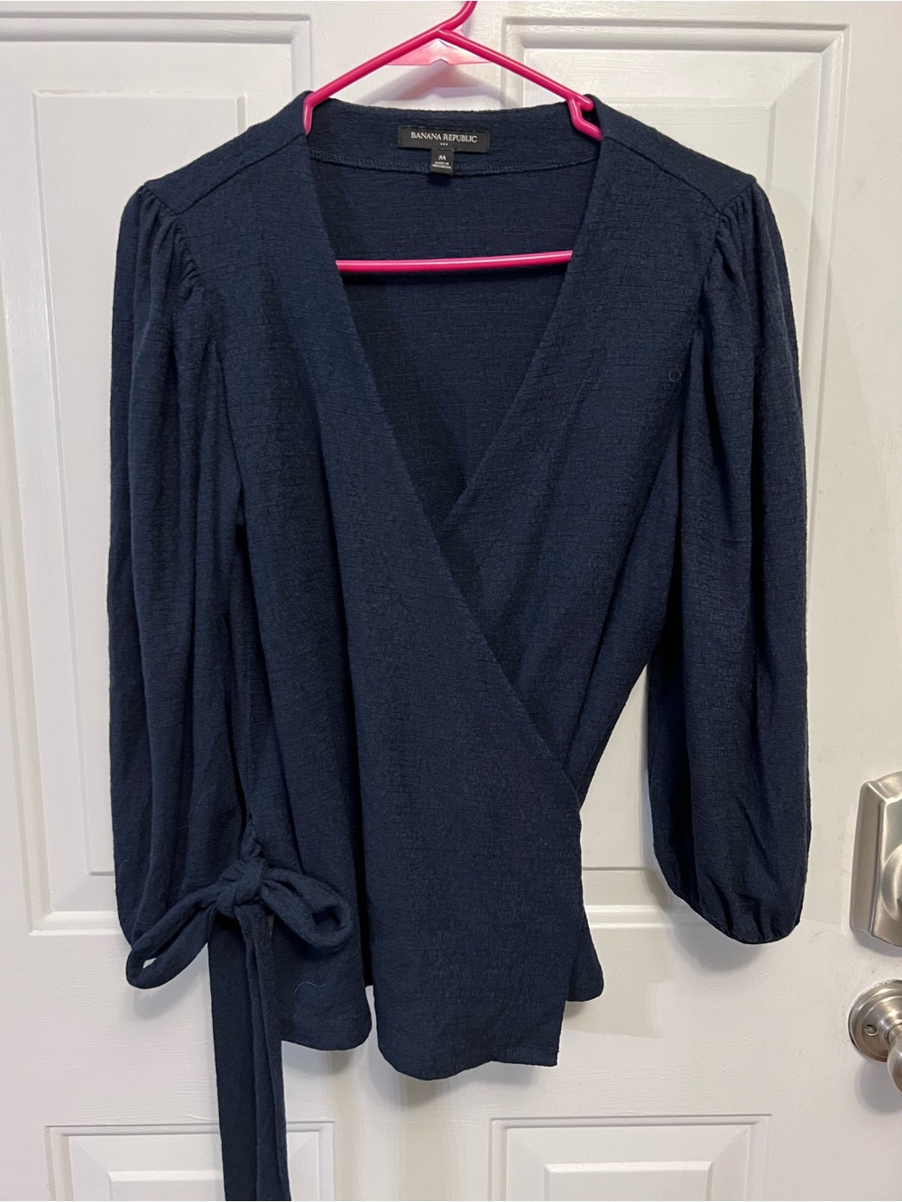 Banana Republic Navy Blue Faux Wrap Blouse Long Sleeve Tie Waist Surplice M